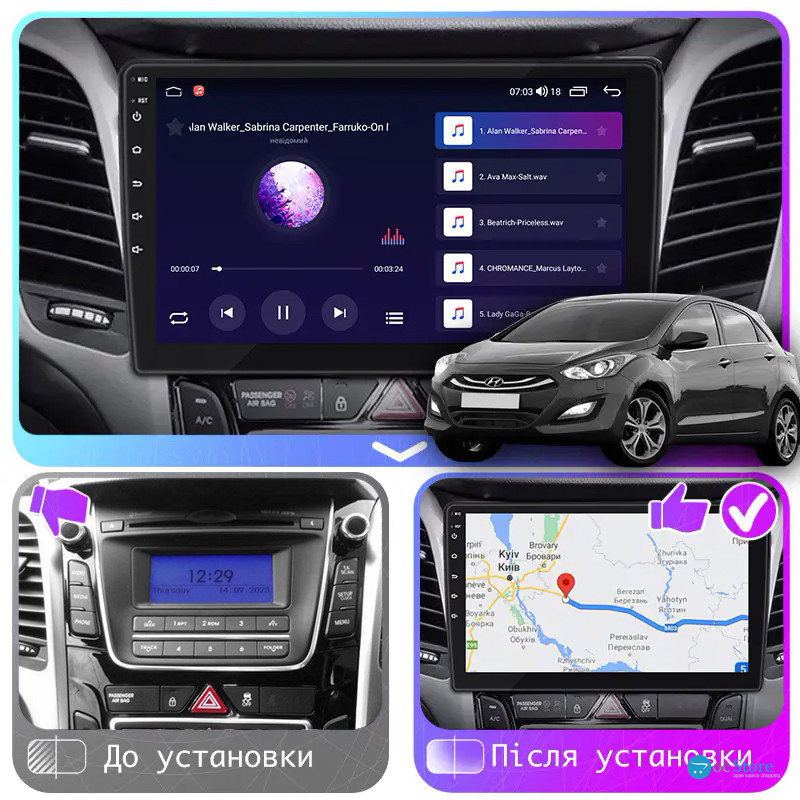 Штатная магнитола Lesko для Hyundai i30 II Рестайлинг 2015-2017 экран 9" 2/32Gb Wi-Fi GPS Base