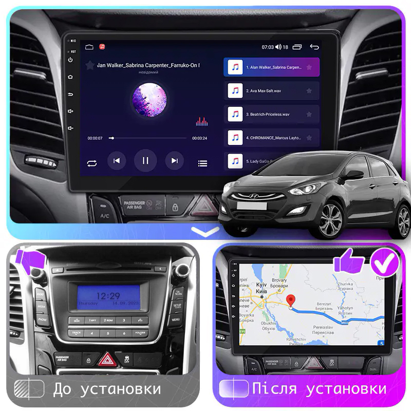 Штатная магнитола Lesko для Hyundai i30 II Рестайлинг 2015-2017 экран 9" 2/32Gb CarPlay 4G Wi-Fi GPS Prime