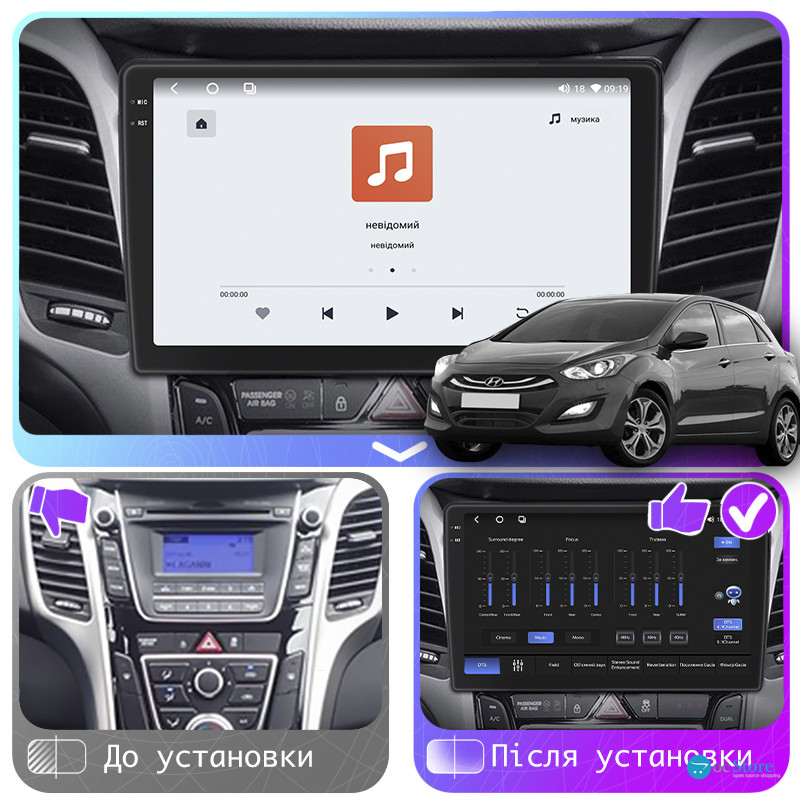 Штатная магнитола Lesko для Hyundai i30 II Рестайлинг 2015-2017 экран 9" 4/64 QLED CarPlay 4G Wi-Fi GPS 360 Prime