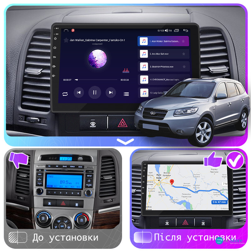 Штатная магнитола Lesko для Hyundai Santa Fe II Рестайлинг 2009-2012 экран 9" 2/32Gb CarPlay 4G Wi-Fi GPS Prime