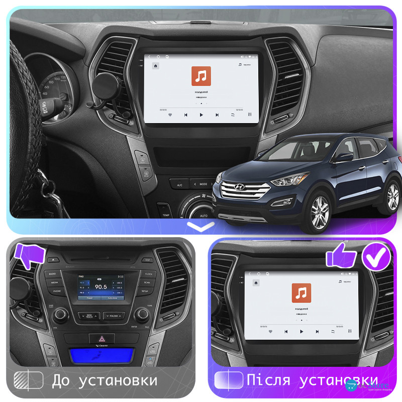 Штатная магнитола Lesko для Hyundai Santa Fe III Рестайлинг 2015-2018 экран 9" 4/64 QLED CarPlay 4G Wi-Fi GPS 360 Prime