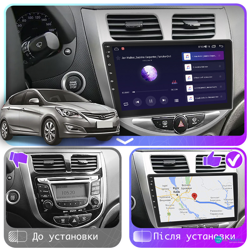 Штатная магнитола Lesko для Hyundai Solaris I Рестайлинг 2014-2017 экран 10" 2/32Gb 4G Wi-Fi GPS Top
