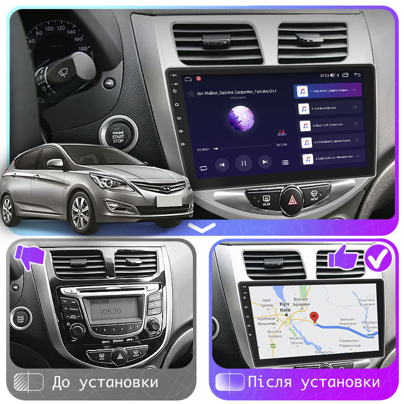 Штатная магнитола Lesko для Hyundai Solaris I Рестайлинг 2014-2017 экран 10" 6/128Gb 4G Wi-Fi GPS Top