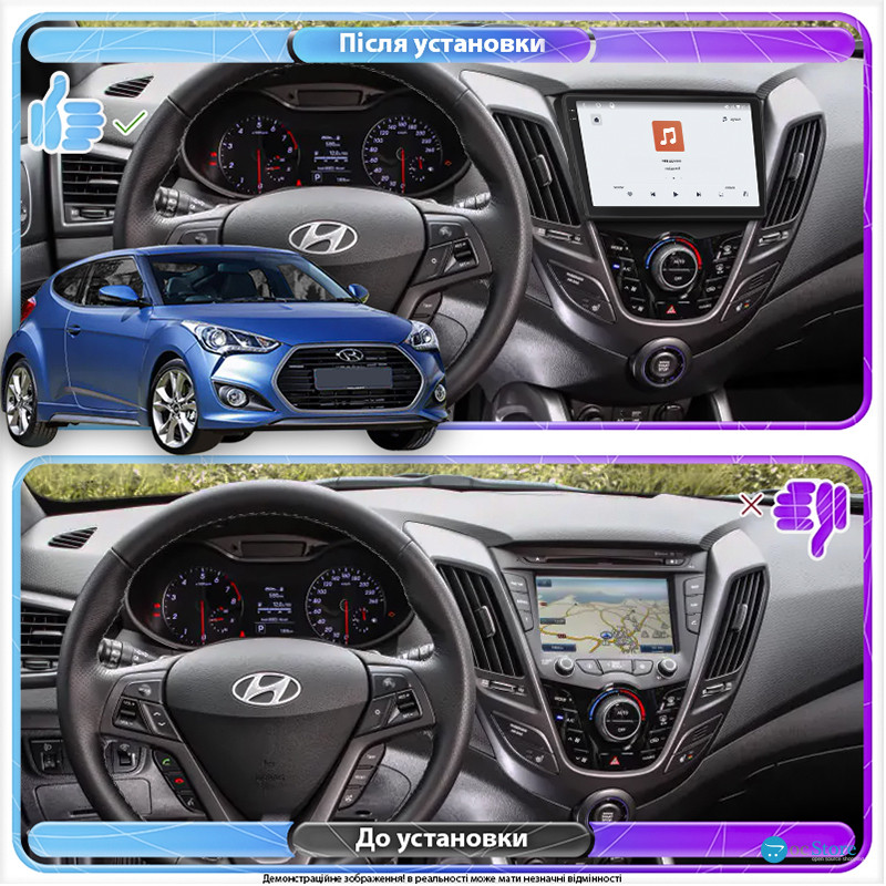 Штатная магнитола Lesko для Hyundai Veloster I Рестайлинг 2015-2017 экран 9" 4/64 QLED CarPlay 4G Wi-Fi GPS 360 Prime