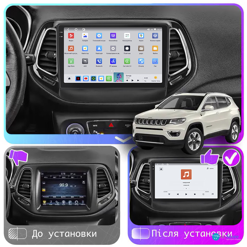 Штатная магнитола Lesko для Jeep Compass II 2017-н.в. экран 10" 4/64 QLED CarPlay 4G Wi-Fi GPS 360 Prime