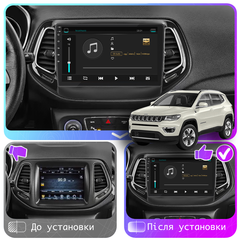 Штатная магнитола Lesko для Jeep Compass II 2017-н.в. экран 10" 6/128Gb 4G Wi-Fi GPS Top