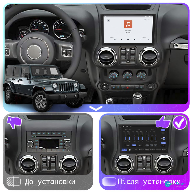 Штатная магнитола Lesko для Jeep Wrangler III (JK) 2007-2018 экран 10" 4/64 QLED CarPlay 4G Wi-Fi GPS 360 Prime