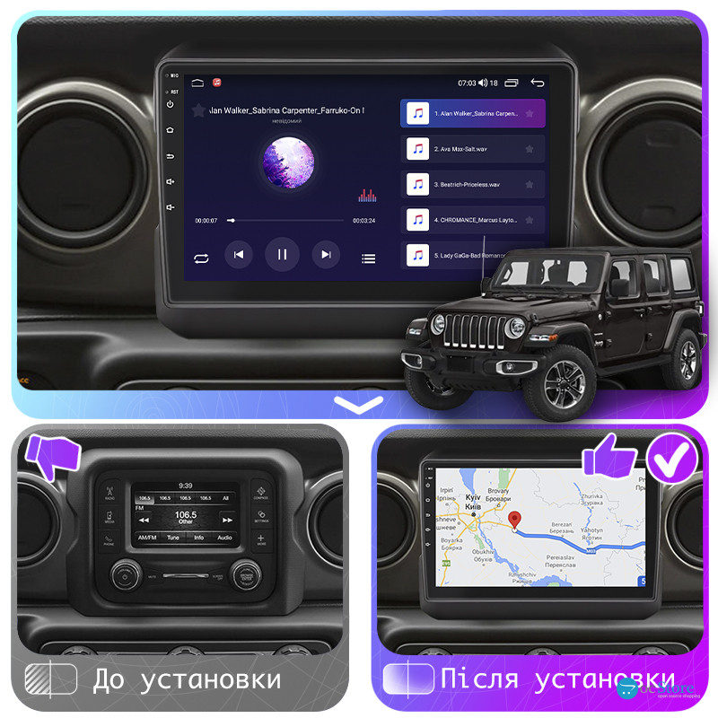 Штатная магнитола Lesko для Jeep Wrangler IV (JL) 2017-н.в. экран 9" 2/32Gb CarPlay 4G Wi-Fi GPS Prime