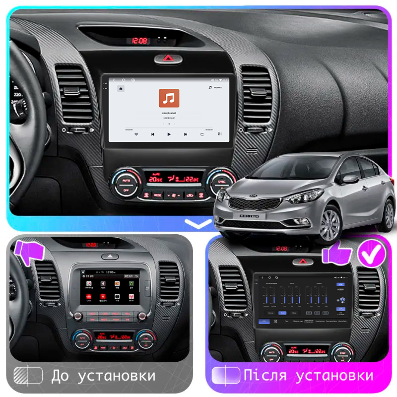 Штатная магнитола Lesko для Kia Forte II 2013-2016 экран 9" 4/64 QLED CarPlay 4G Wi-Fi GPS 360 Prime