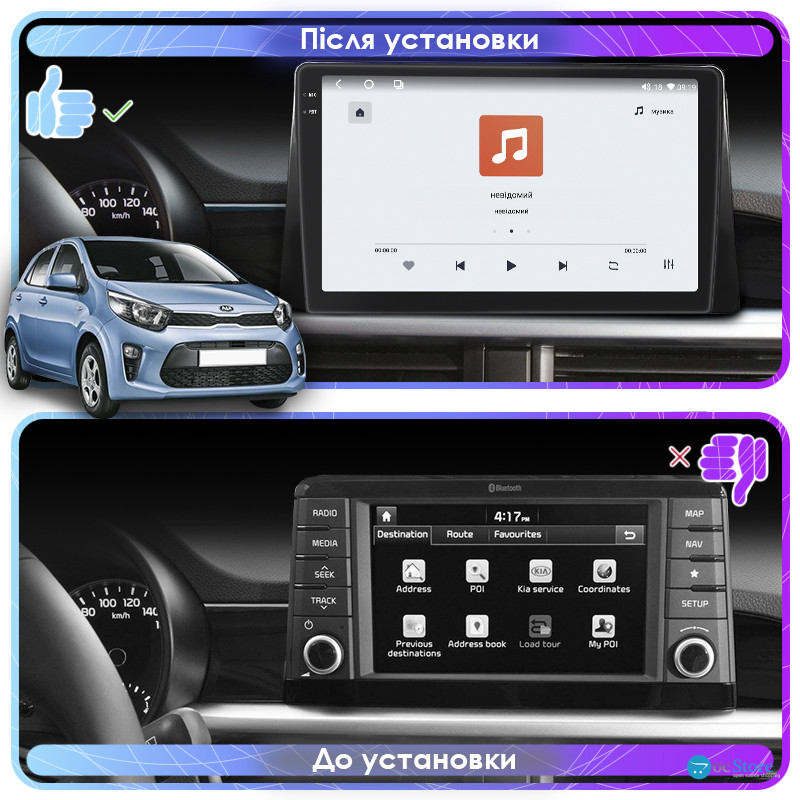 Штатная магнитола Lesko для Kia Morning III 2017-н.в. экран 9" 4/64 QLED CarPlay 4G Wi-Fi GPS 360 Prime